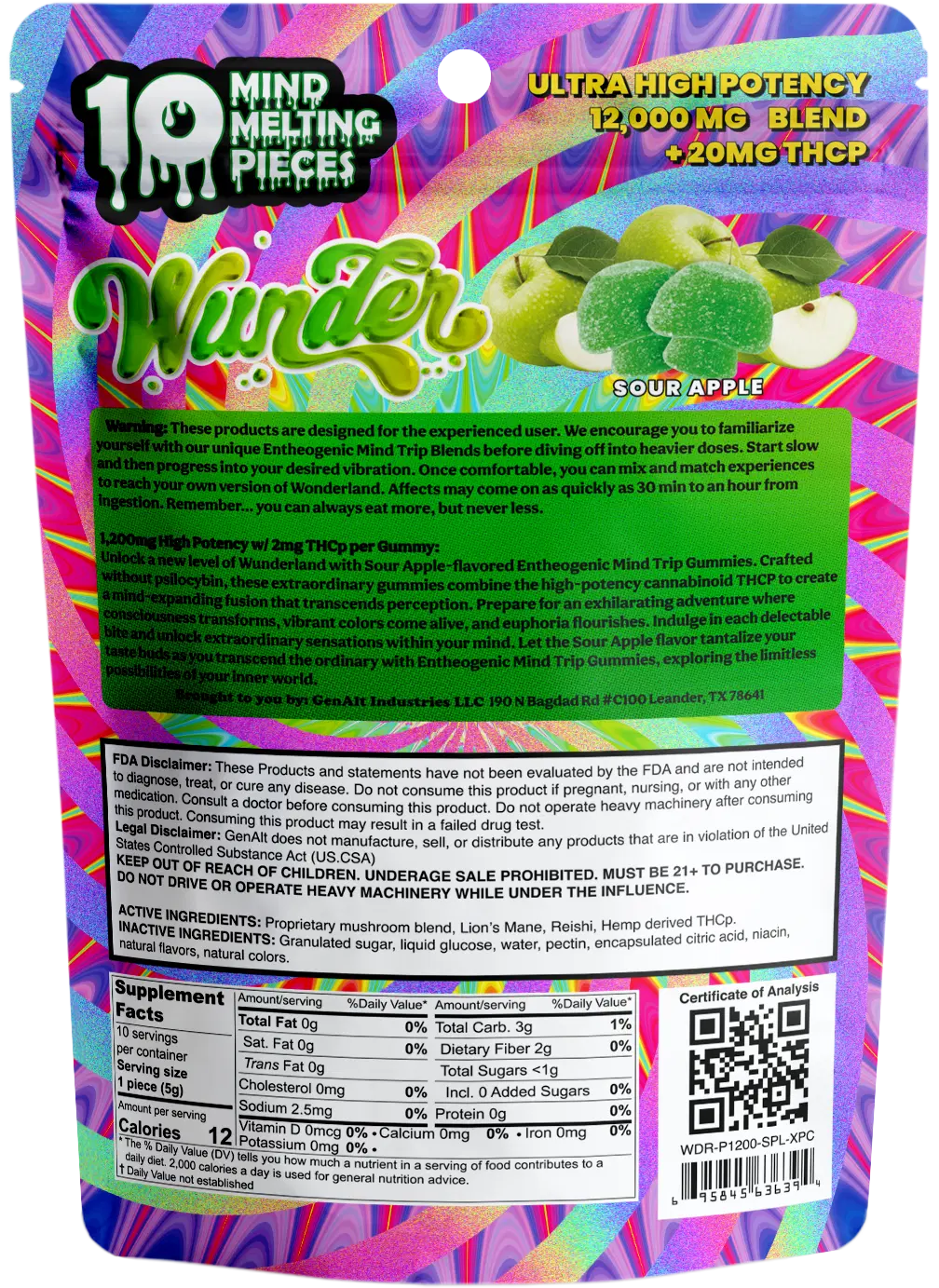 Wunder | Sour Apple Mushroom Gummies with THCp | 1200mg Entheogenic Extract + 2mg THCp – 10ct - Image 2