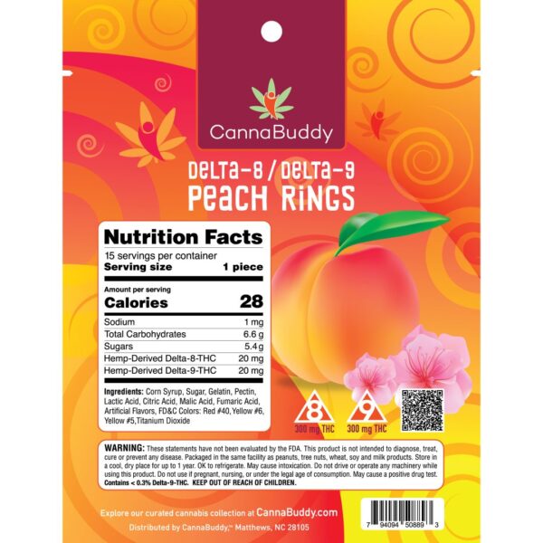 CannaBuddy-Delta-8-Delta-9-Peach-Rings-300-mg-Total-Delta-8-THC-300-mg-Total-Delta-9-THC-Back-of-Pouch-scaled-1-1.jpg CannaBuddy Delta-8 / Delta-9 Peach Rings (300 mg Total Delta-8-THC + 300 mg Total Delta-9-THC)