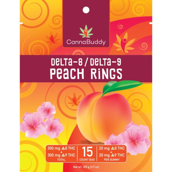 CannaBuddy-Delta-8-Delta-9-Peach-Rings-300-mg-Total-Delta-8-THC-300-mg-Total-Delta-9-THC-Front-of-Pouch-scaled-1-1.jpg CannaBuddy Delta-8 / Delta-9 Peach Rings (300 mg Total Delta-8-THC + 300 mg Total Delta-9-THC)
