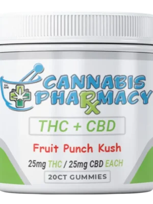 Elite Cannacy 1:1 Delta-9 THC Gummies | 25mg THC & 25mg CBD – Fruit Punch Kush – 20ct