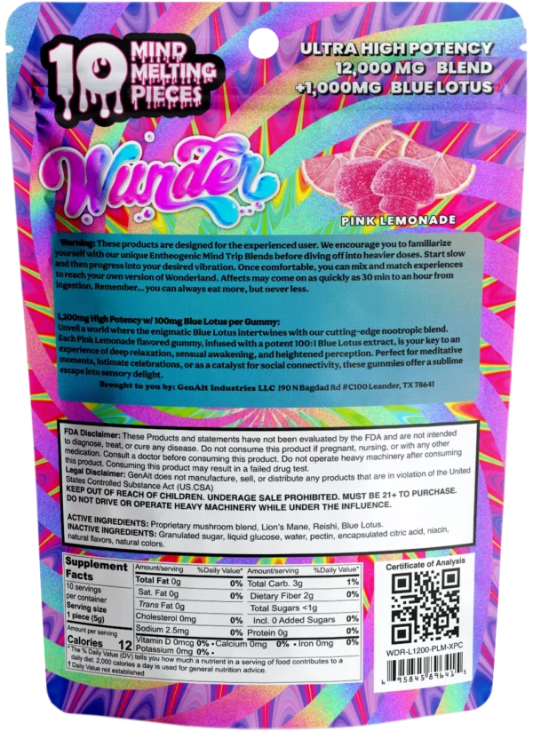 Wunder_High_Mushroom_Blend_Pink_Lemonade_back-1.webp Wunder | Pink Lemonade Mushroom Gummies with Blue Lotus | 1200mg Entheogenic Extract + 100mg Blue Lotus – 10ct